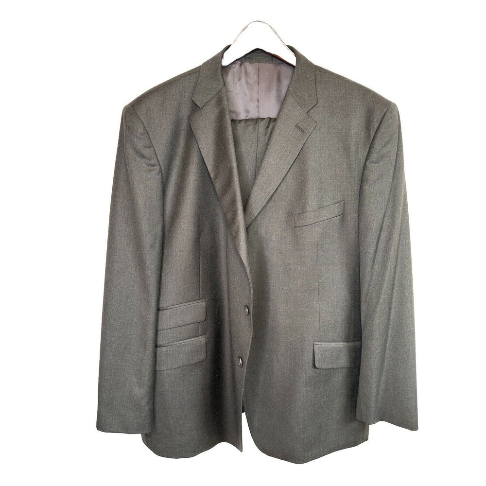 TM Lewin Mens Suit 52 R  Dark Gray Wool Jacket Pleated Pants 46 x 27 `1/2 Short